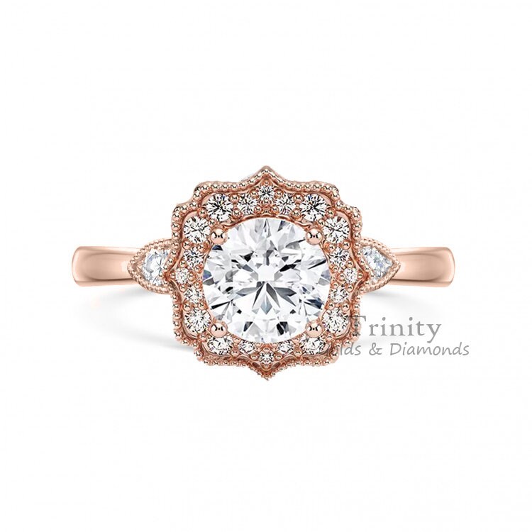 Moissanite & Diamond Ring: 925 Sterling Silver, 14k Rose Gold Plated