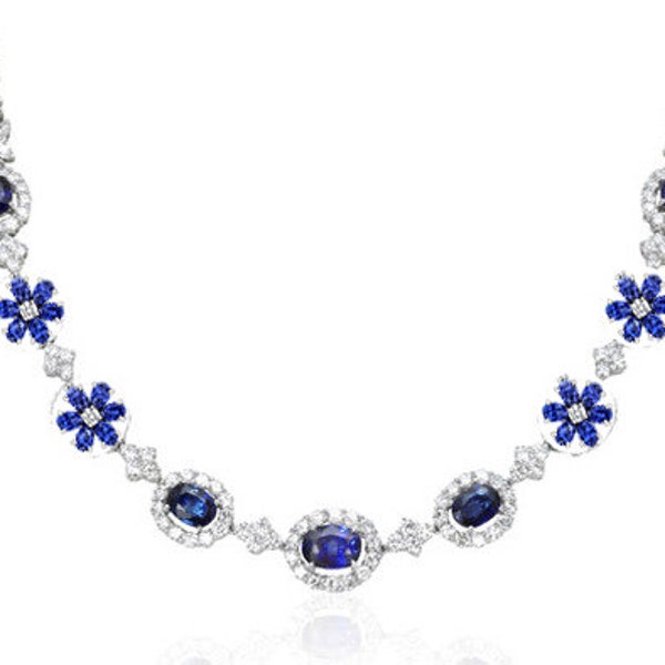 SAPPHIRE DIAMOND NECKLACE,Oval Cut Diamond Blue Sapphire Wedding Necklace-Party Wear Jewelry-Wedding Jewelry-Statement Diamond Necklace