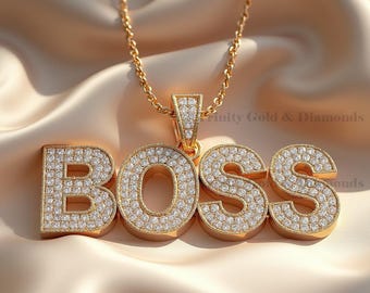 Moissanite BOSS Pendant Necklace: 14K Gold Plated Sterling Silver Hip Hop Charm