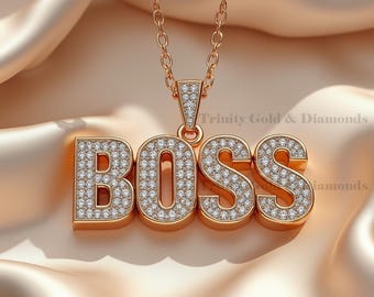 Iced Out BOSS Pendant Necklace: 14K Gold Plated Sterling Silver Bling