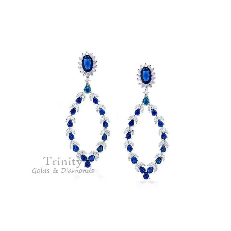 SAPPHIRE DANGLE EARRING, Blue Sapphire Wedding Designer Earring, Diamond Modern Blue Stone Earring For Girls,Wedding Dangle Earrings For Her