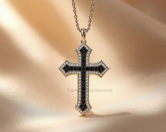 Gothic Black Cross Pendant Necklace: Sterling Silver, Black Diamond Look