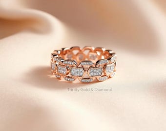Icy Link Chain Band Ring for Men • Rose Gold Diamond Cuban Style Ring • Statement Hip Hop Jewelry • Handmade Gift for Him