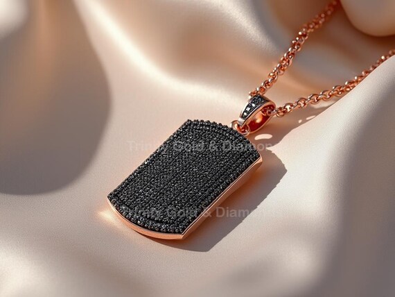 Black Stone Dog Tag Pendant Necklace: Rose Gold Plated, Sterling Silver