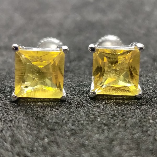 PRINCESS CUT Citrine 1.50CT Diamond Studs Earrings For Her, Yellow Citrine Stud Earrings, Gemstone Stud Earrings, Screwback Citrine Earrings