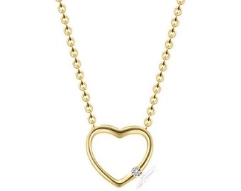 DIAMOND HEART NECKLACE, 14K Gold Finish Diamond Heart Necklace, Minimalist Single Stone Heart Pendant, Perfect Gift For Women, Dainty Heart