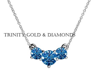 Blue Sapphire Necklace: Sterling Silver Three Stone Delicate Pendant