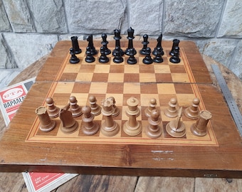 Old Big Size chess game, Vintage chess set,  Chess game, Wooden backgammon box, Wooden chess, Gift for friend