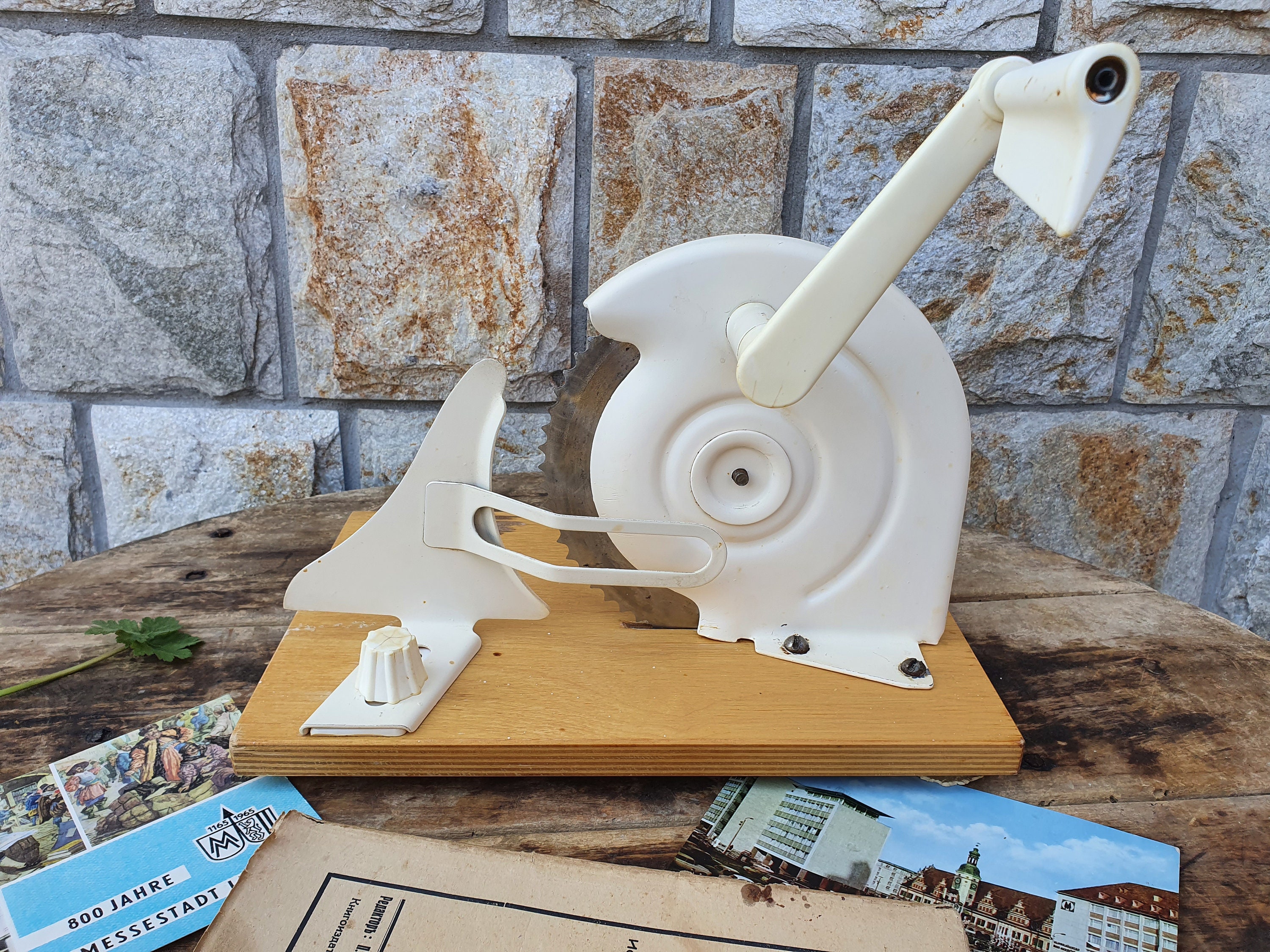 Vintage 70s 80s KYM Germany Manual Orange Bread Slicer With Formica Stand 