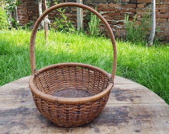 Antique Round Oak Basket, Nice Big Hand Made Work Basket Dyed