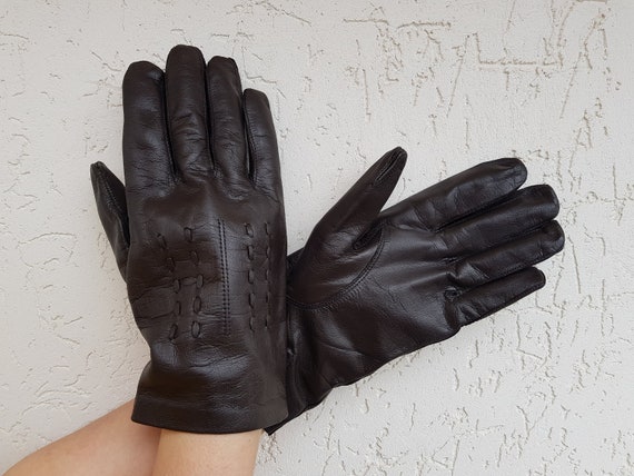 Vintage Broun Real Leather Gloves, Men Leather Gl… - image 2