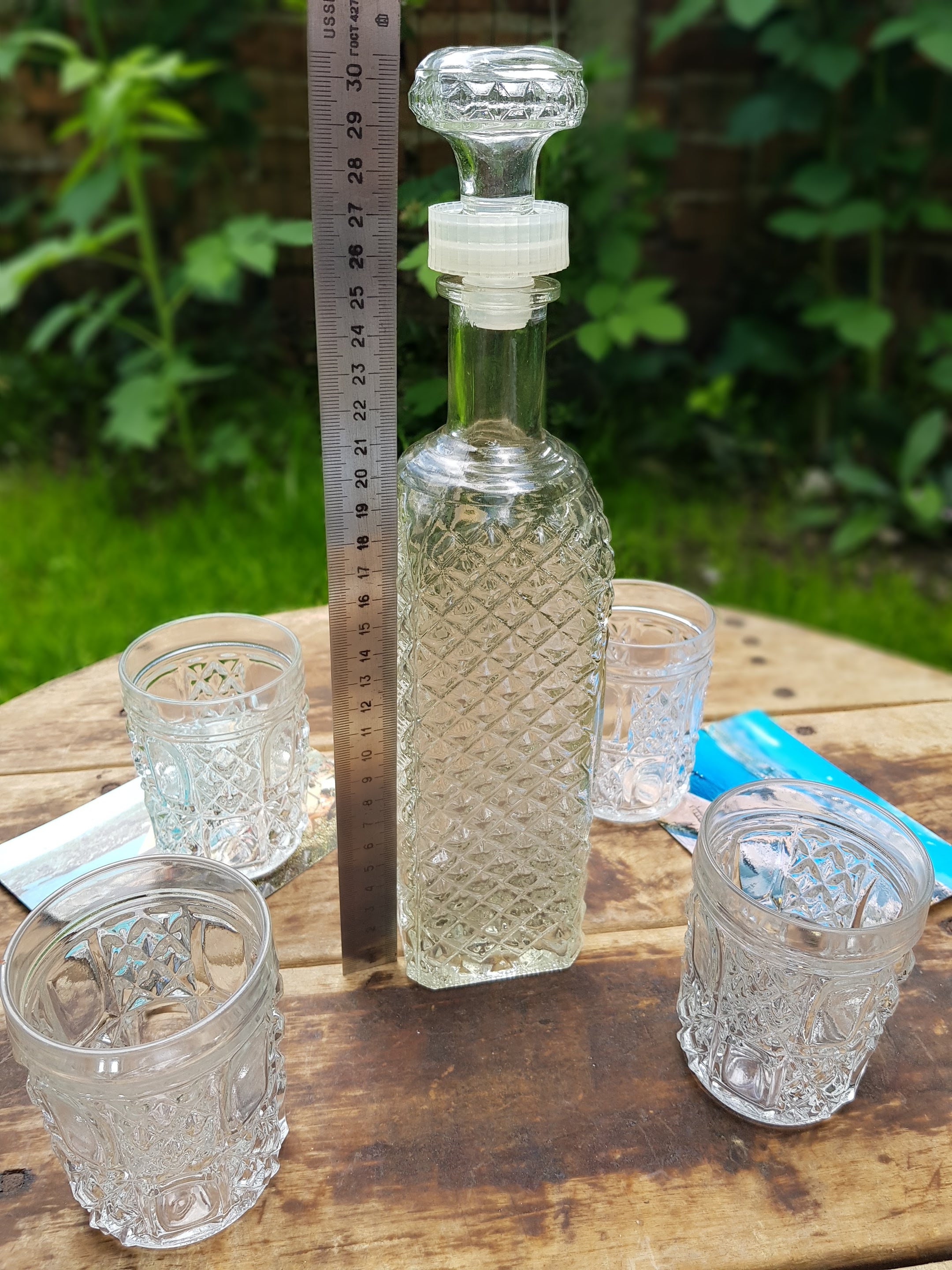 Vintage glass decanter with 4 glasses decanter retro decanter clear