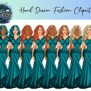 Fashion girl in teal dress character clip art- set of 8 png files