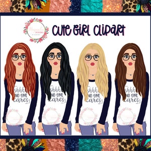 Cute girl character with glasses clip art- set of 4 png files