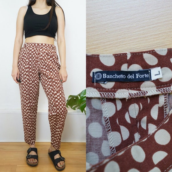 Vintage white brown Pants size M polka dots trousers straight leg pants mid rise pants