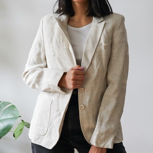 Vintage 90s beige linen mix blazer size S | Unisex Blazer 80s cream blazer basic formal shoulder pads