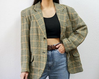 vintage vert jaune Blazer Taille M veste en laine à carreaux épaulettes blazer années 90 veste blazer