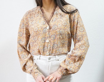 Vintage silk blouse size M colorful paisley pattern shirt button up blouse vintage elegant blouse