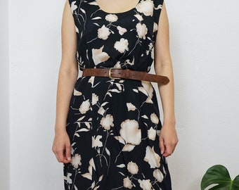 Vintage zwarte jurk met bloemenprint, maat M, mouwloze midi-jurk, jurk met ritssluiting, zwarte jurk