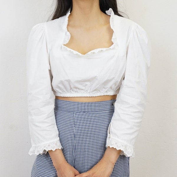Vintage dirndl Blouse Size M white long sleeve folklore blouse cropped top boho blouse vintage traditional austrian blouse