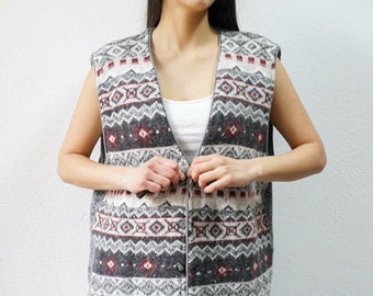 Vintage wool vest size L gray knit vest red pattern wool vest spring vest