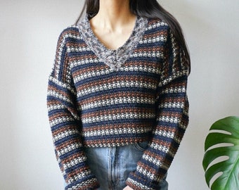 Vintage wool mix sweater Size L v-neck sweater brown blue wool jumper