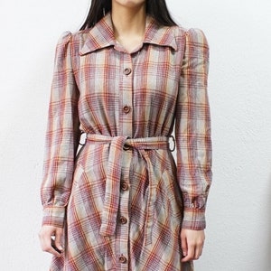 Vintage long sleeved dress Size S wool mix checkered pattern dress 90s dress button up collared dress