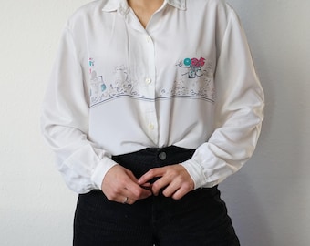 Vintage 90s Blouse size M long sleeve blouse white shirt white blouse collared blouse 90s white top