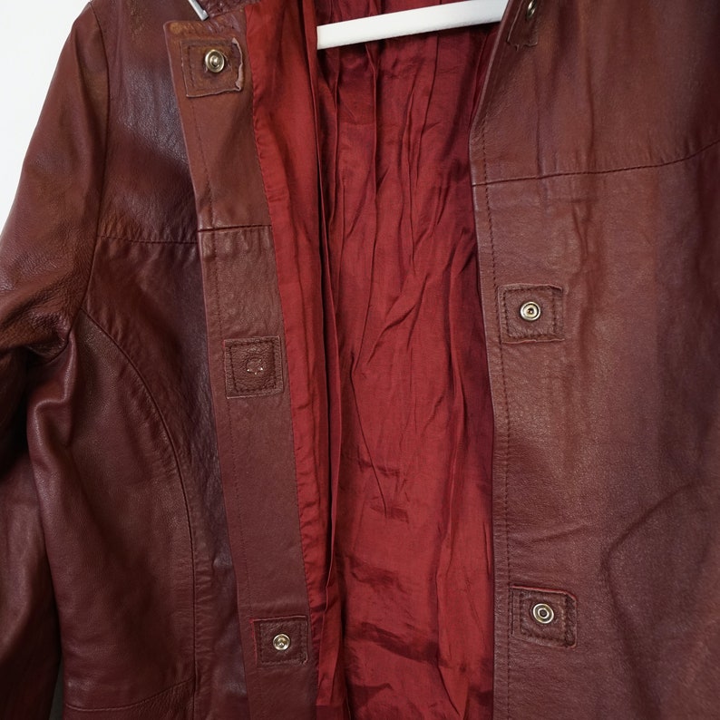 Vintage burgundy leather coat Size M 90s leather coat jacket red leather purple leather 画像 8