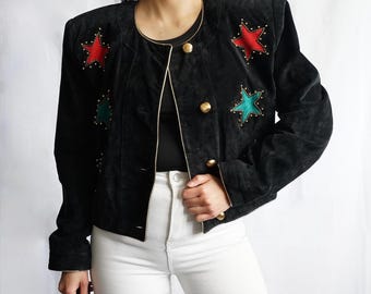 Vintage 80s leather jacket size S-M stars leather jacket 80s retro shoulder pads jacket 80s black jacket gold jacket