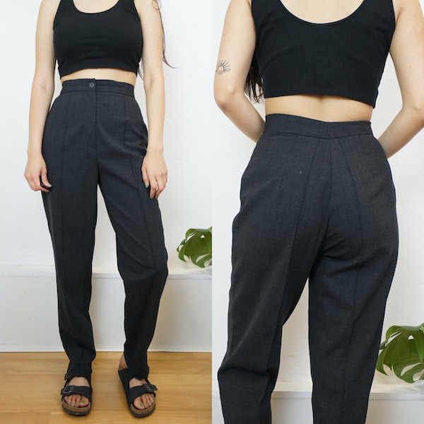 Vintage pleated Pants size XS high waisted black dark grey trousers straight leg pants