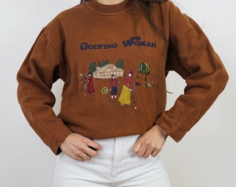 Vintage brown Sweatshirt size S embroidery golfing women pullover sweater 90s sweatshirt pullover