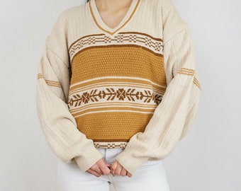 Vintage v neck Pullover Size XL cream yellow mustard sweater knit pullover warm sweater jumper women