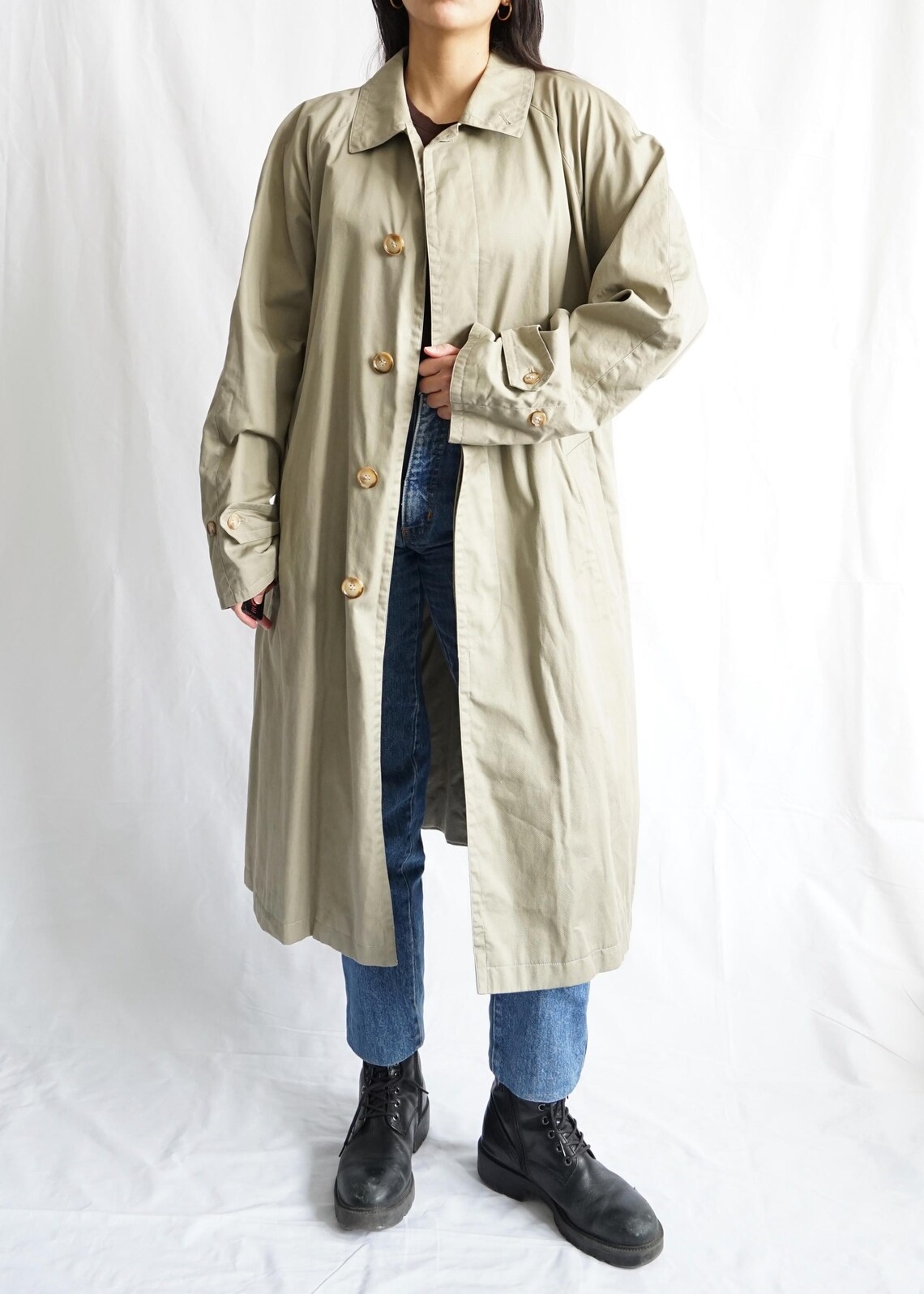 Vintage 70s Trench Coat Size L beige trench coat 80s trench coat long vintage classic cotton coat, foto 3 di 5