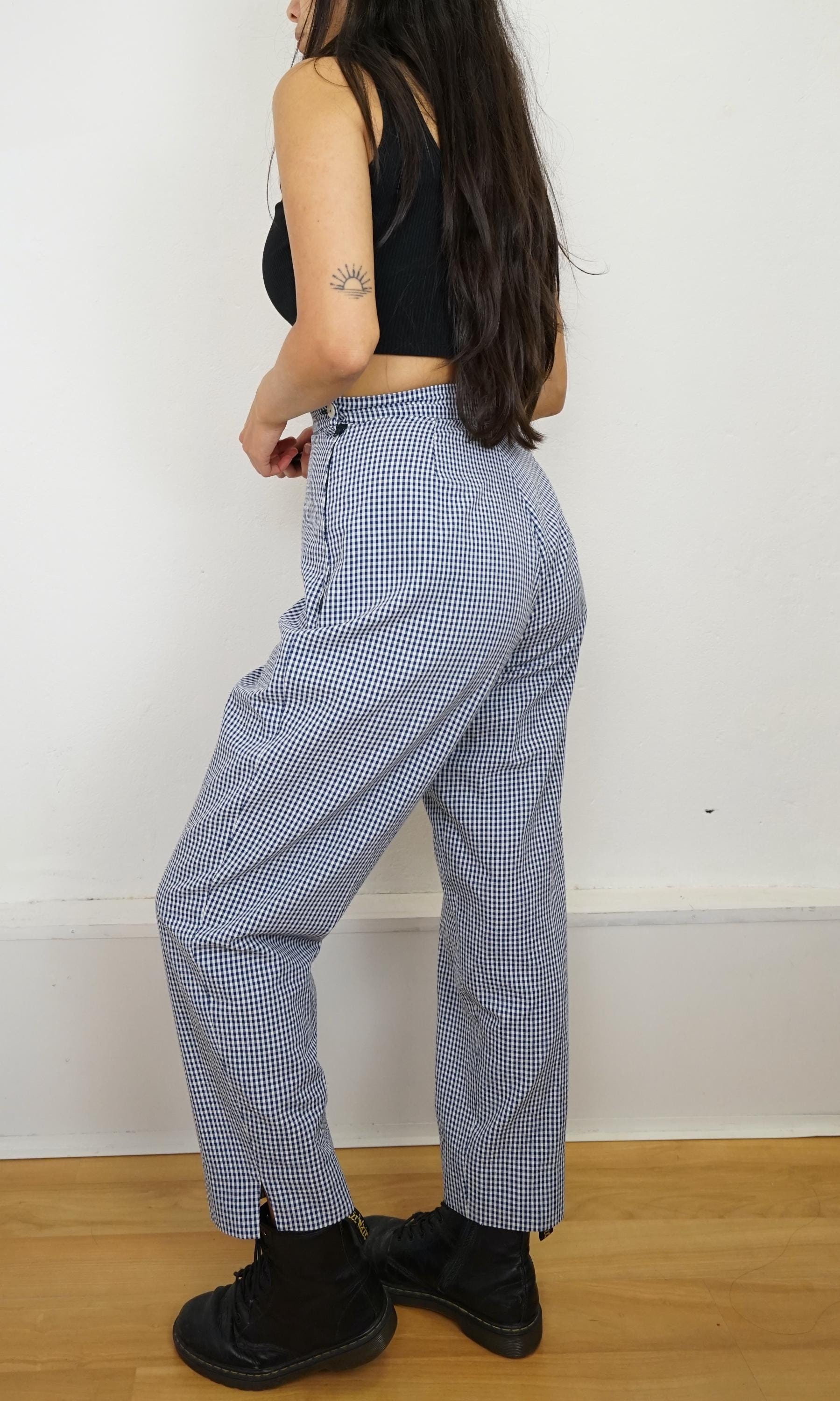 パンツ ASCLO Vintage Gingham Check Banding Pants (2color) Vintage Gingham Pants Size XS-S Blue White Pants High Waist