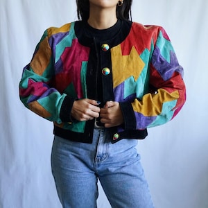 Vintage 80s colorful leather jacket size L colorblock colorful jacket 80s shoulder pads jacket patchwork unique rare jacket