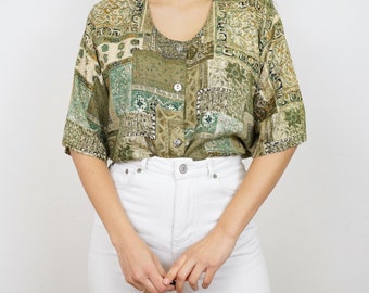Vintage groene blouse maat M-L blouse met korte mouwen groene patroon blouse met knoopsluiting ronde kraag zomerblouse