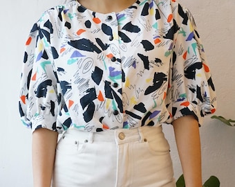 Vintage 80s Blouse size M-L short sleeve shirt crazy pattern shirt crazy pattern blouse colorful 80s blouse 90s shirt memphis pattern