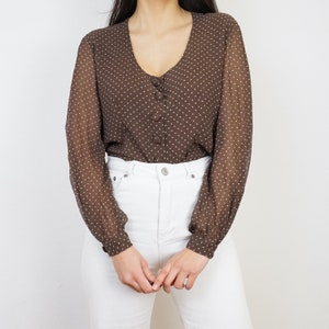 Vintage polka dots Blouse size XS-S brown blouse  long sleeve blouse button up blouse semi transparent