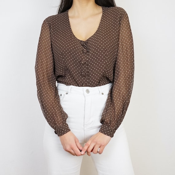 Blusa vintage de lunares talla XS-S blusa marrón blusa de manga