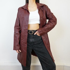 Vintage burgundy leather coat Size M 90s leather coat jacket red leather purple leather 画像 2