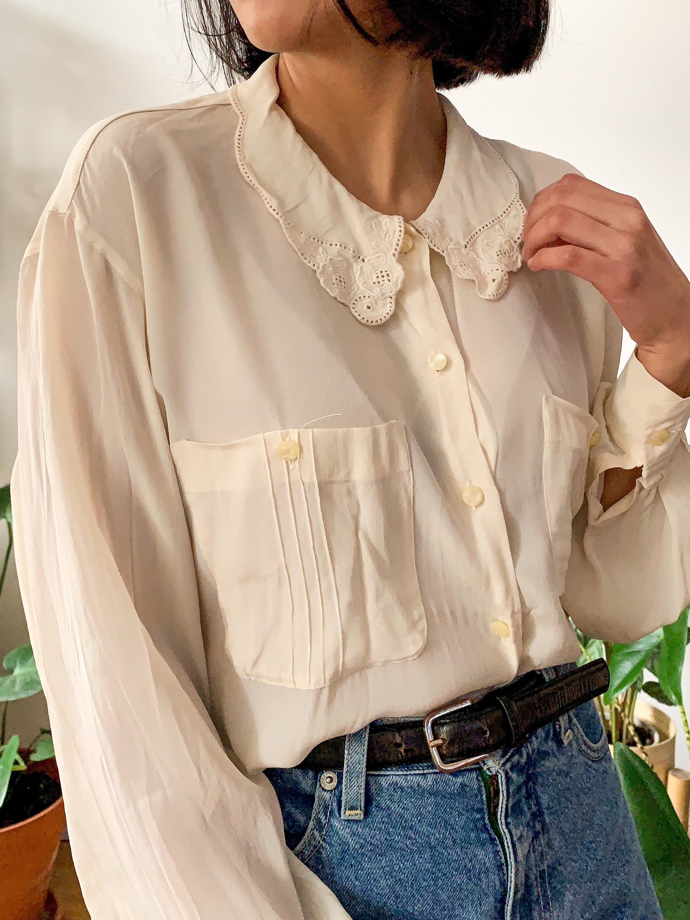 Vintage white cream blouse Button Up romantic Blouse Etsy