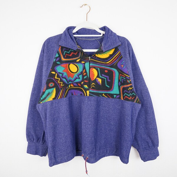 Vintage purple Fleece Pullover Size M colorful crazy pattern fleece unisex sweatshirt fleece sweater quarter zip