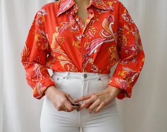 Vintage 70s shirt size L long sleeve shirt paisley pattern shirt 80s shirt orange colorful shirt