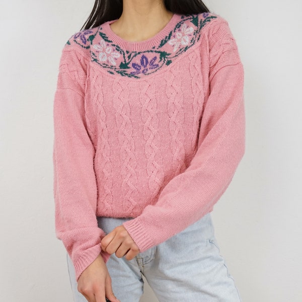Vintage pink Pullover Size M-L cable knit sweater floral details knit pullover warm sweater jumper women