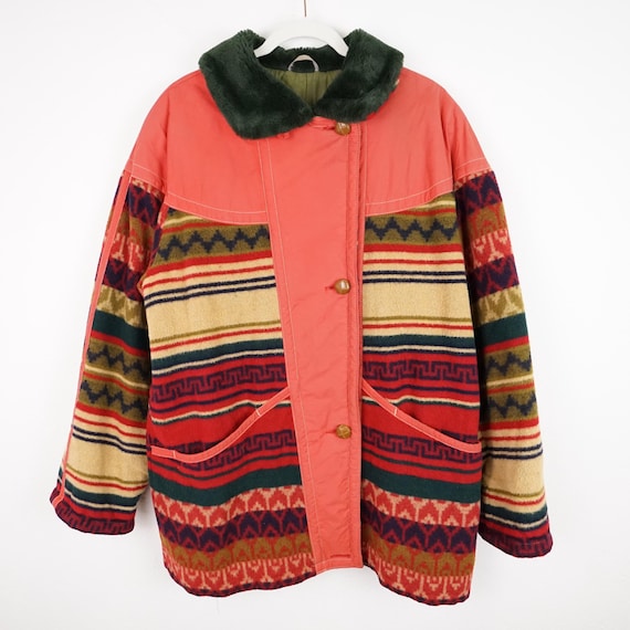 Vintage Navajo Coat Size M colorful quilted wool coat winter jacket coral coat geometric pattern coat