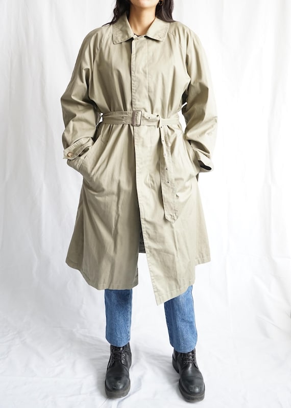 Vintage 70s Trench Coat Size L beige trench coat 80s trench coat long vintage classic cotton coat