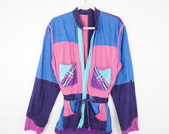 Vintage colorblock handmade Jacket Size L 80s wrap around jacket colorblock blue pink purple