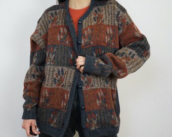 Vintage mohair wool Cardigan size L blue red pattern wool mix jacket wool mix cardigan unisex cardigan wool jacket