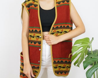 Vintage colorful Vest Size M-L wool mix vest geometric pattern vest red unisex vest